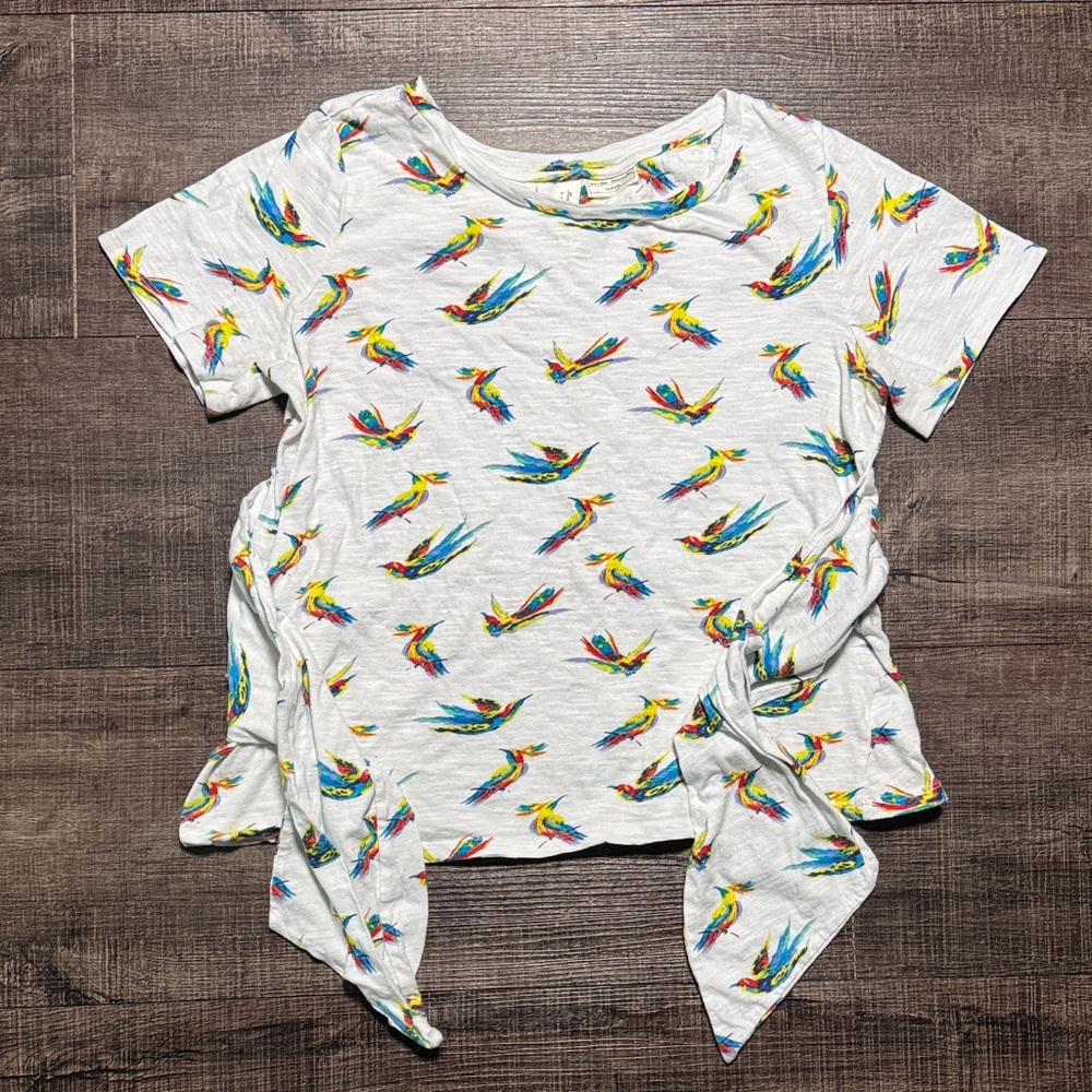 Meadow Rue for Anthropologie Pajaro bird print tie-waist cotton top.